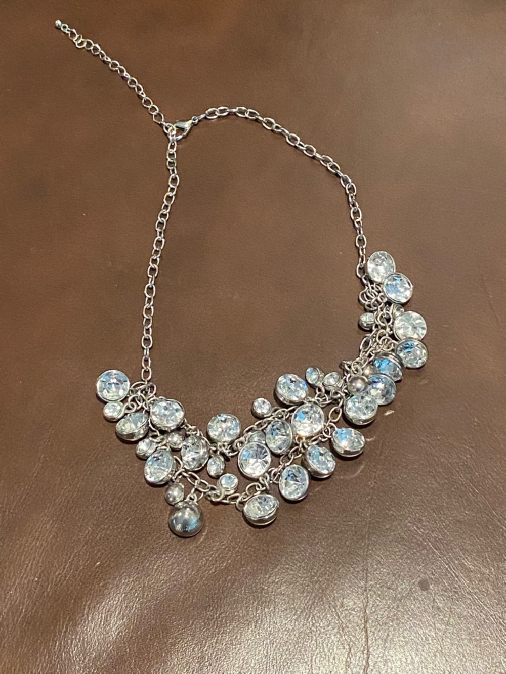 Silver Tone Crystal Rhinestone Cluster Bib Statement Necklace 8.5”-11”
